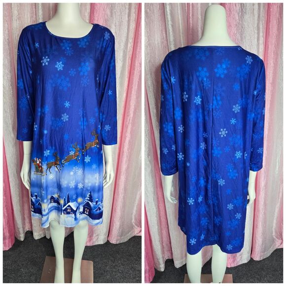 Christmas Santa Claus Reindeer Sliegh Snowflake Blue Dress Size Large - Picture 1 of 8